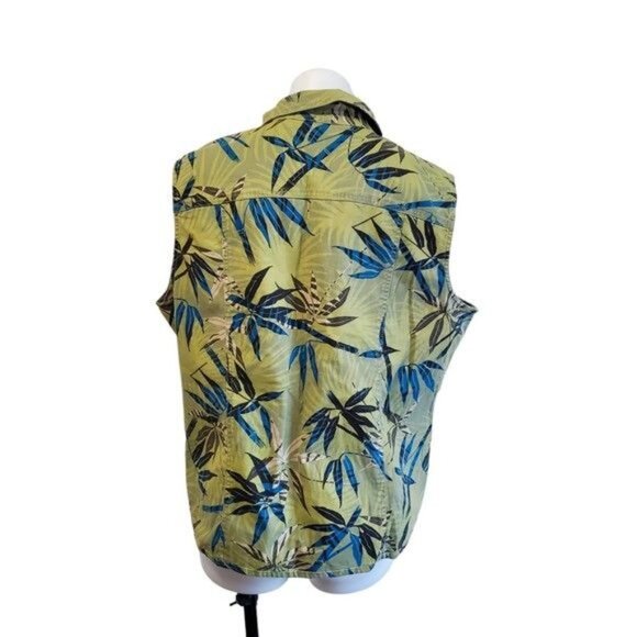 Chico's Button Up Vest Olive Khaki Green Bamboo Leaf Tropical Print Sz 3/16 NWT - Picture 6 of 11